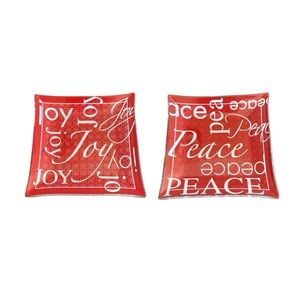 Joy Peace Glass Trinket Tray Candle Dishes 5 Inch Square Holiday Christmas Red